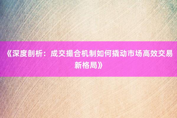 《深度剖析：成交撮合机制如何撬动市场高效交易新格局》